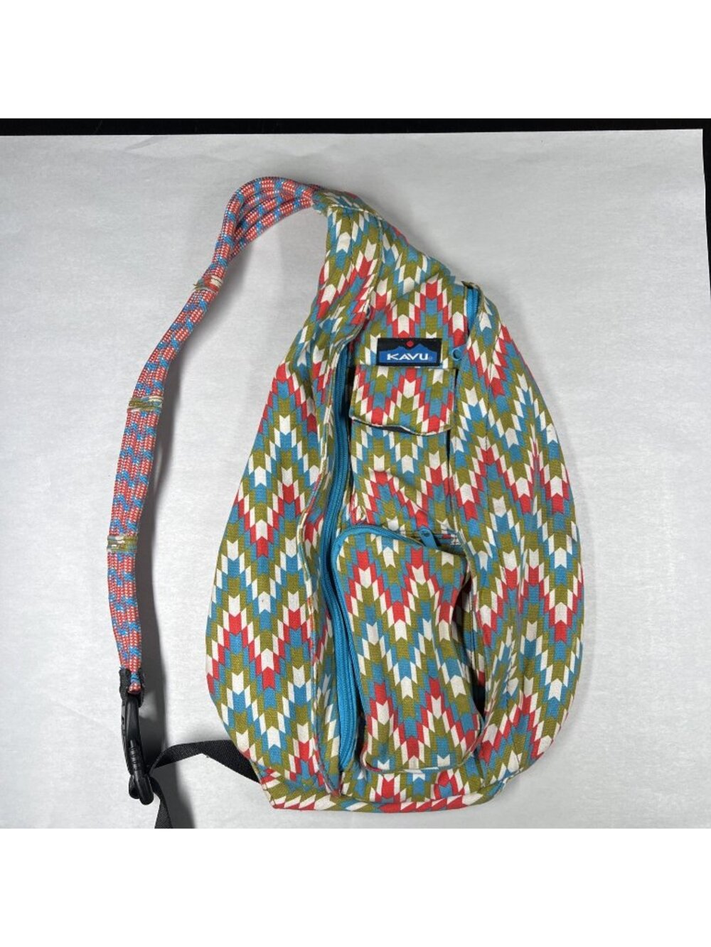 KAVU Rope Bag Geometric Tribal Teal Pink Orange Canvas Sling Backpack Crossbody